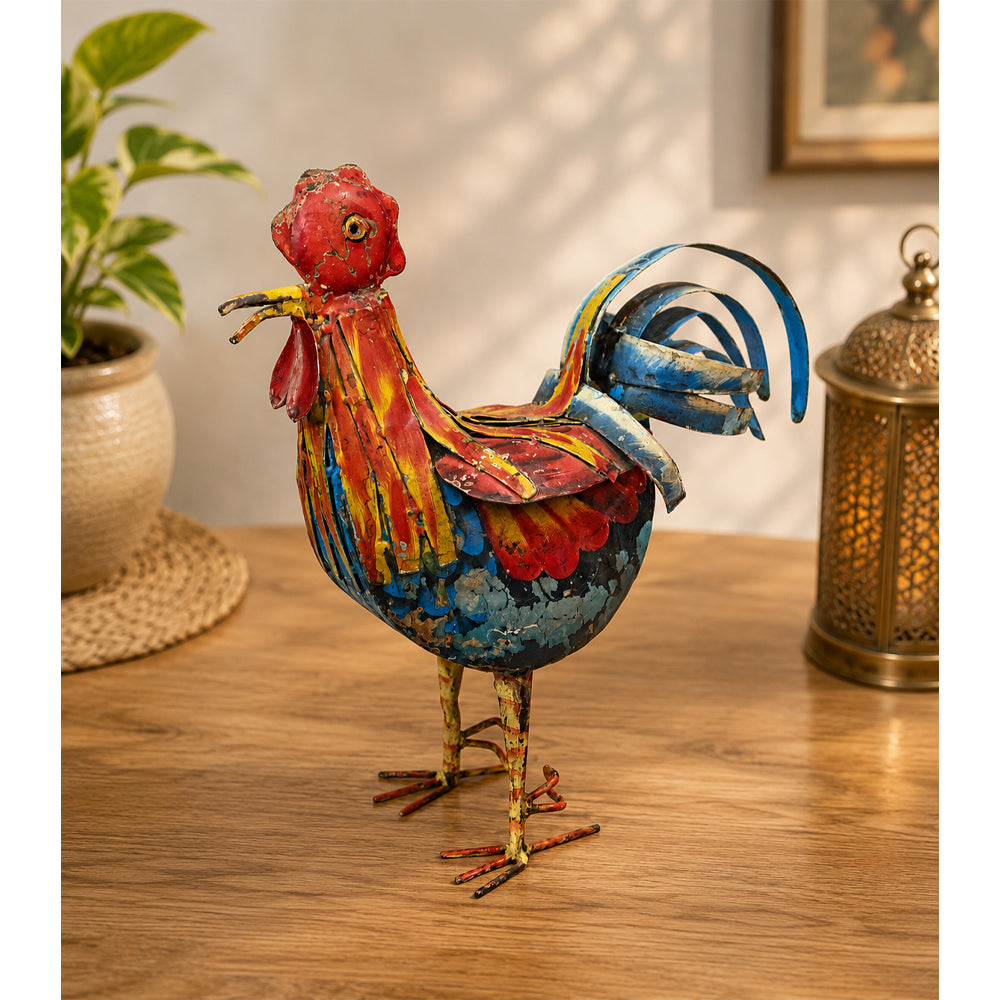 Handcrafted Iron Rooster Figurine – Orange & Blue  Rust Antique Finish - 2026081901OBR