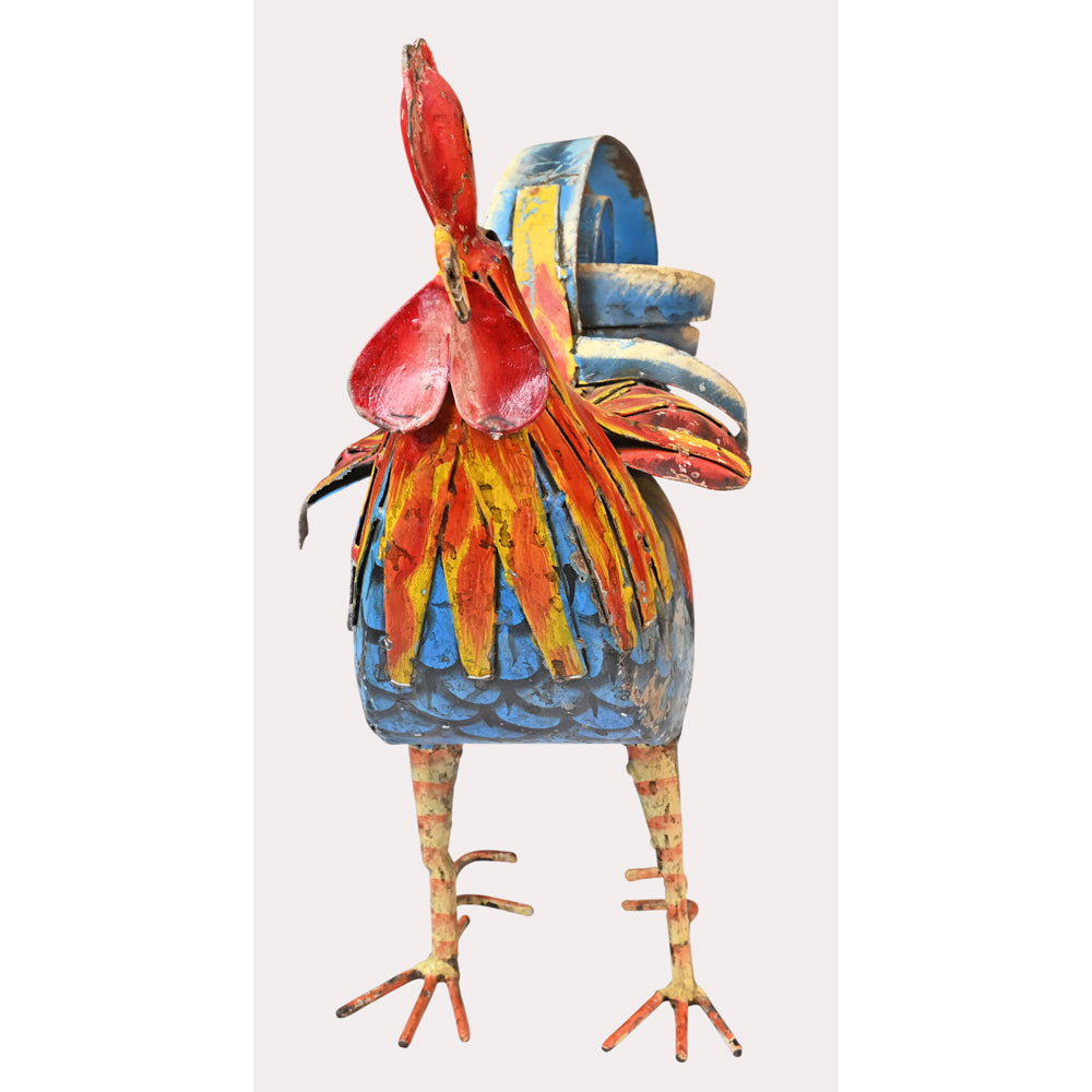 Orange blue rust iron rooster figurine, angled view