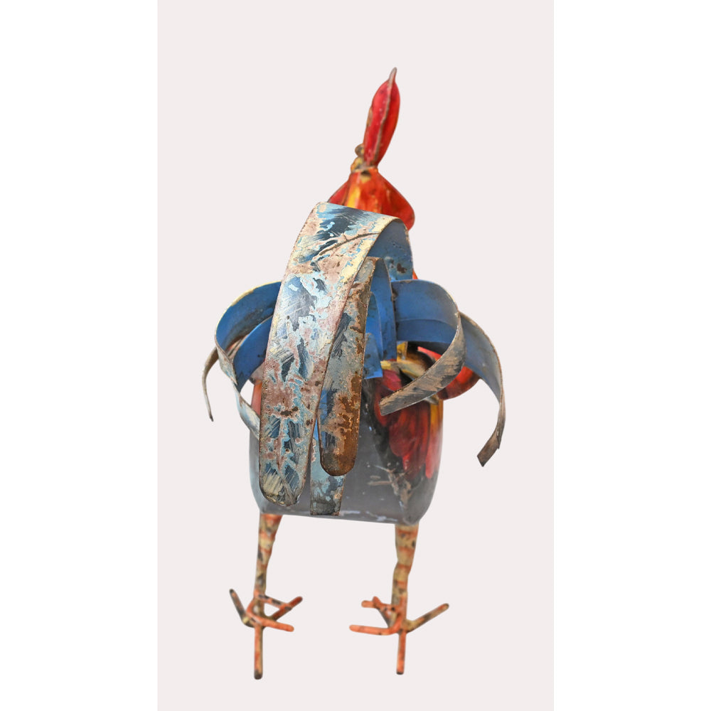 Orange blue rust iron rooster figurine, side view
