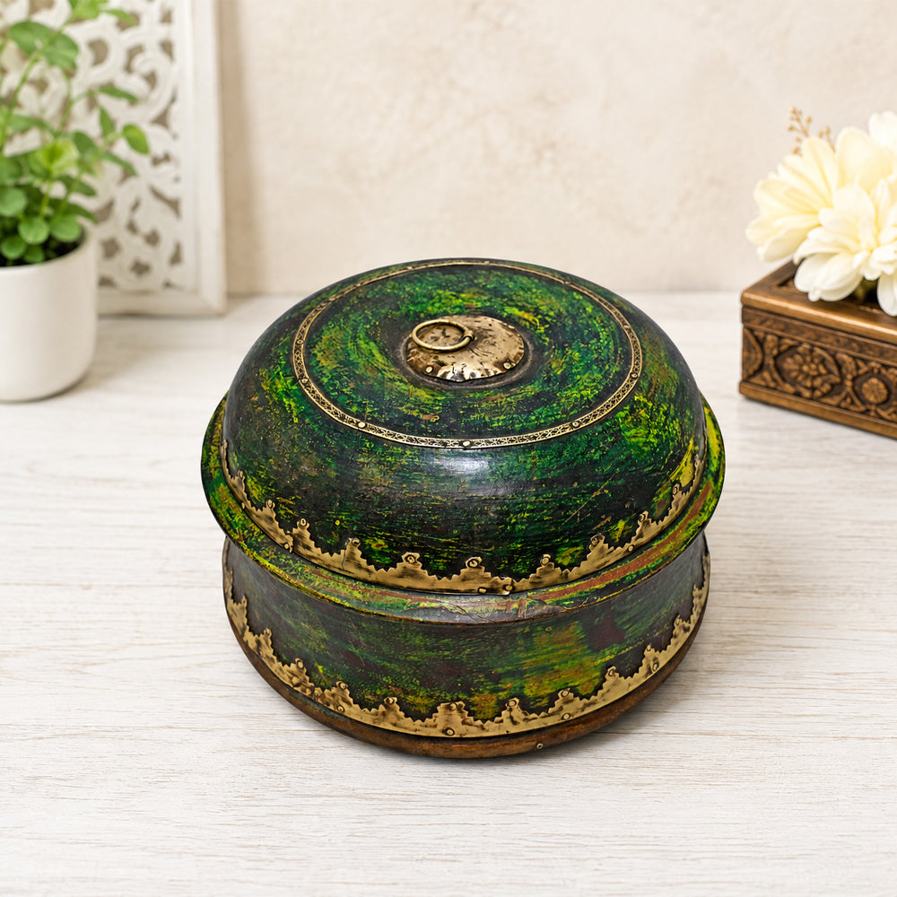 Handcrafted Wooden Decorative Storage Box – Green & Brown Antique Finish with Brass Detailing - 2026081901UNQ