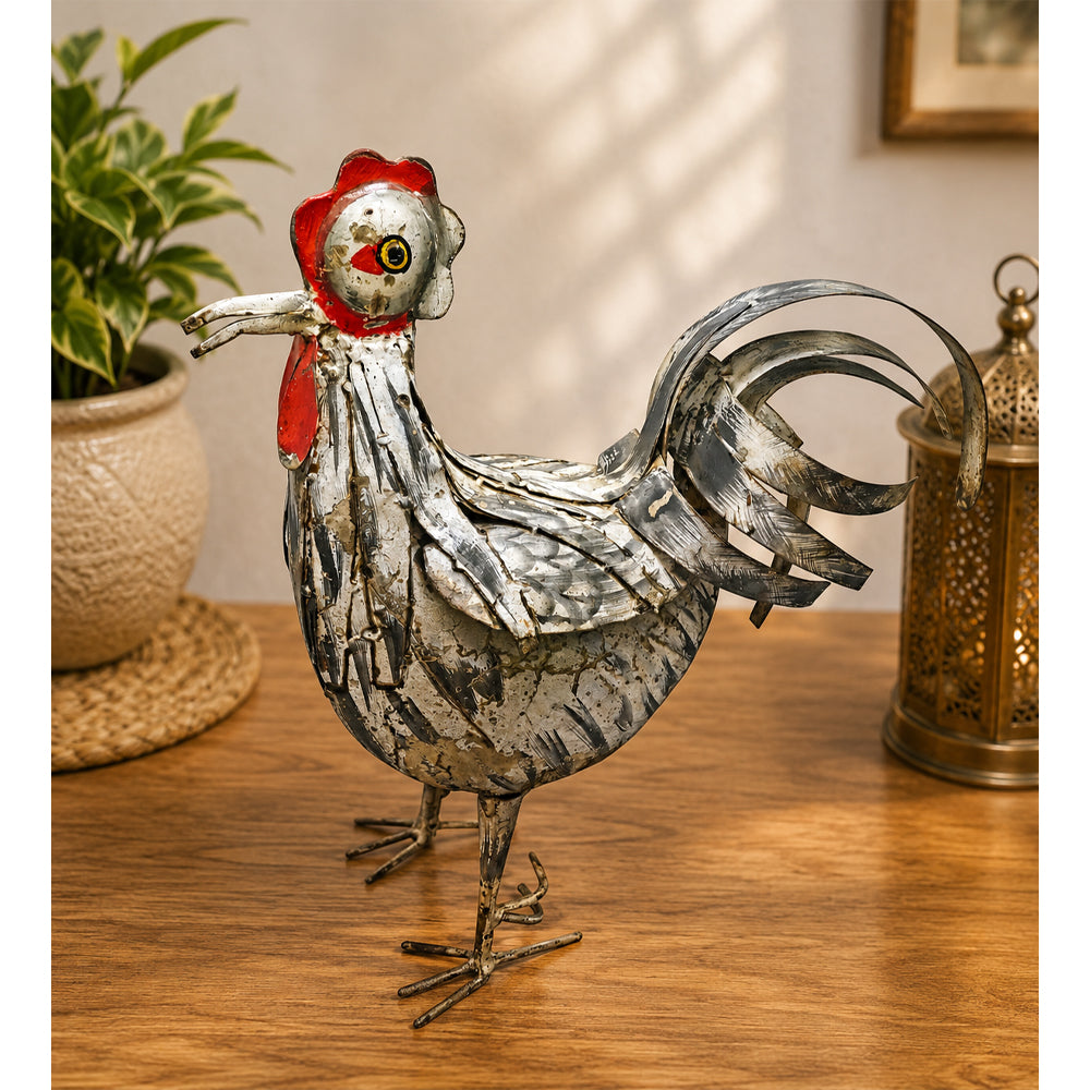 Handcrafted Iron Rooster Figurine – White & Red  Rust Antique Finish -