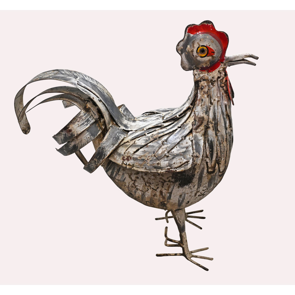 Forged iron rooster figurine showing side profile