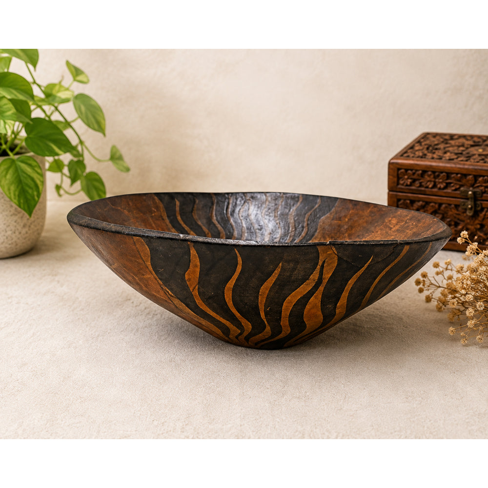 Handcrafted Wooden Decorative Bowl – Black & Brown Wave Pattern Antique Finish - 2026081902UNQ