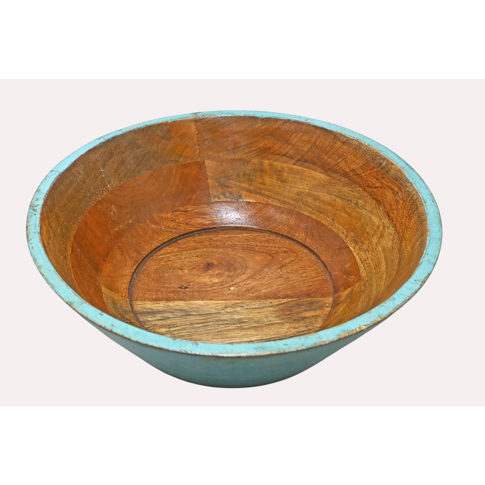 Turquoise antique finish wooden fruit bowl, angled view