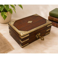 Handcrafted Wooden Jewelry & Keepsake Storage Box – Vintage Brass Inlay with Key Lock - 2026081906UNQ