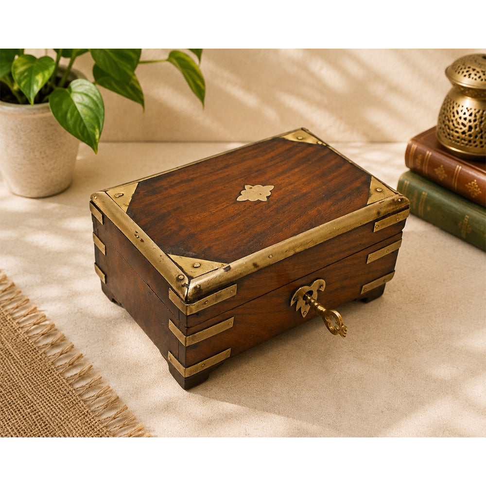 Handcrafted Wooden Storage Box with Brass Detailing & Antique Key Lock - 2026081907UNQ