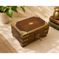 Handcrafted Wooden Storage Box with Brass Detailing & Antique Key Lock - 2026081907UNQ