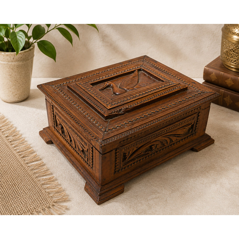 Handcrafted Wooden Storage Chest – Intricate Peacock & Traditional Floral Carving - 2026081908UNQ