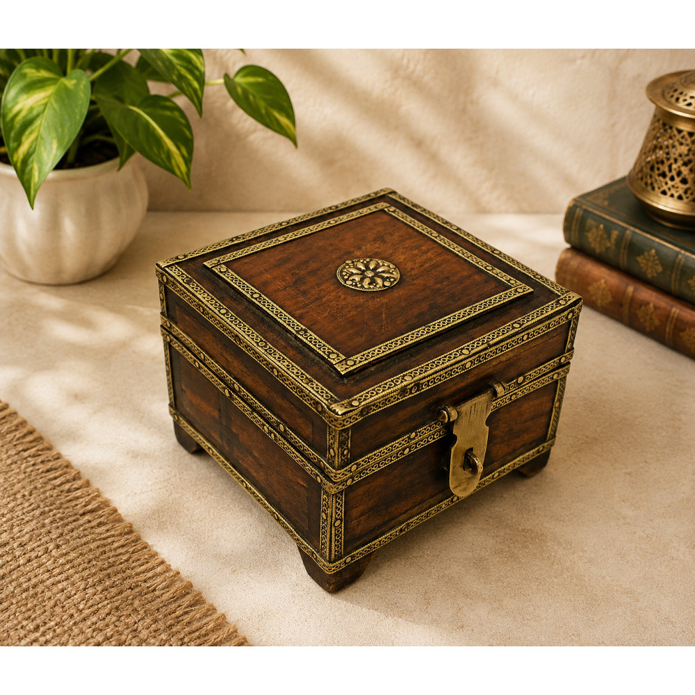 Handcrafted Wooden Storage Box – Vintage Antique Chest with Brass Metal - 2026081910UNQ