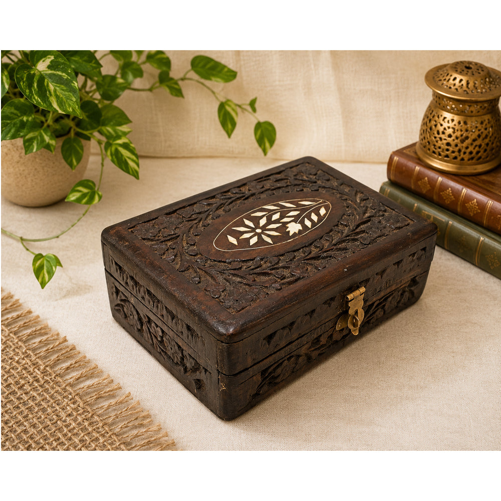 Handcrafted Wooden Storage Chest – Carved Floral Design with Brass Clasp - 2026081911UNQ