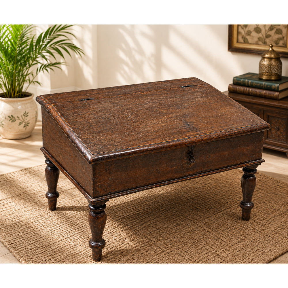 Handcrafted Wooden Storage Table – Vintage Antique Chest with Turned Legs - 2026081913UNQ