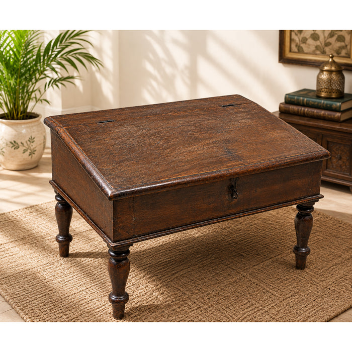 Antique teak wood traditional writing desk, front view