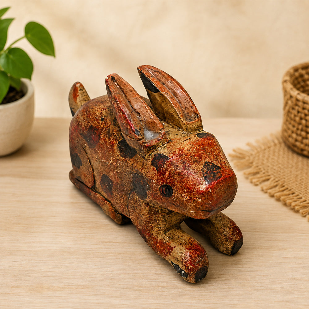Handcrafted Wooden Rabbit Sculpture – Rustic Folk Art with Antique Finish - 2026081914UNQ