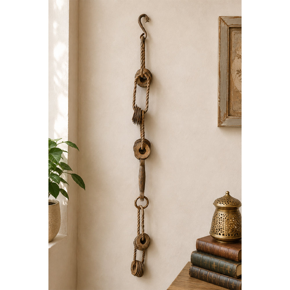 Antique Iron Hanging Chain – Traditional Rustic Wall Décor with Ring & Bell Details - 2026081915UNQ