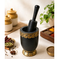 Handcrafted Wooden Spice Grinder & Mortar with Pestle – Black Antique Finish - 2026081916UNQ
