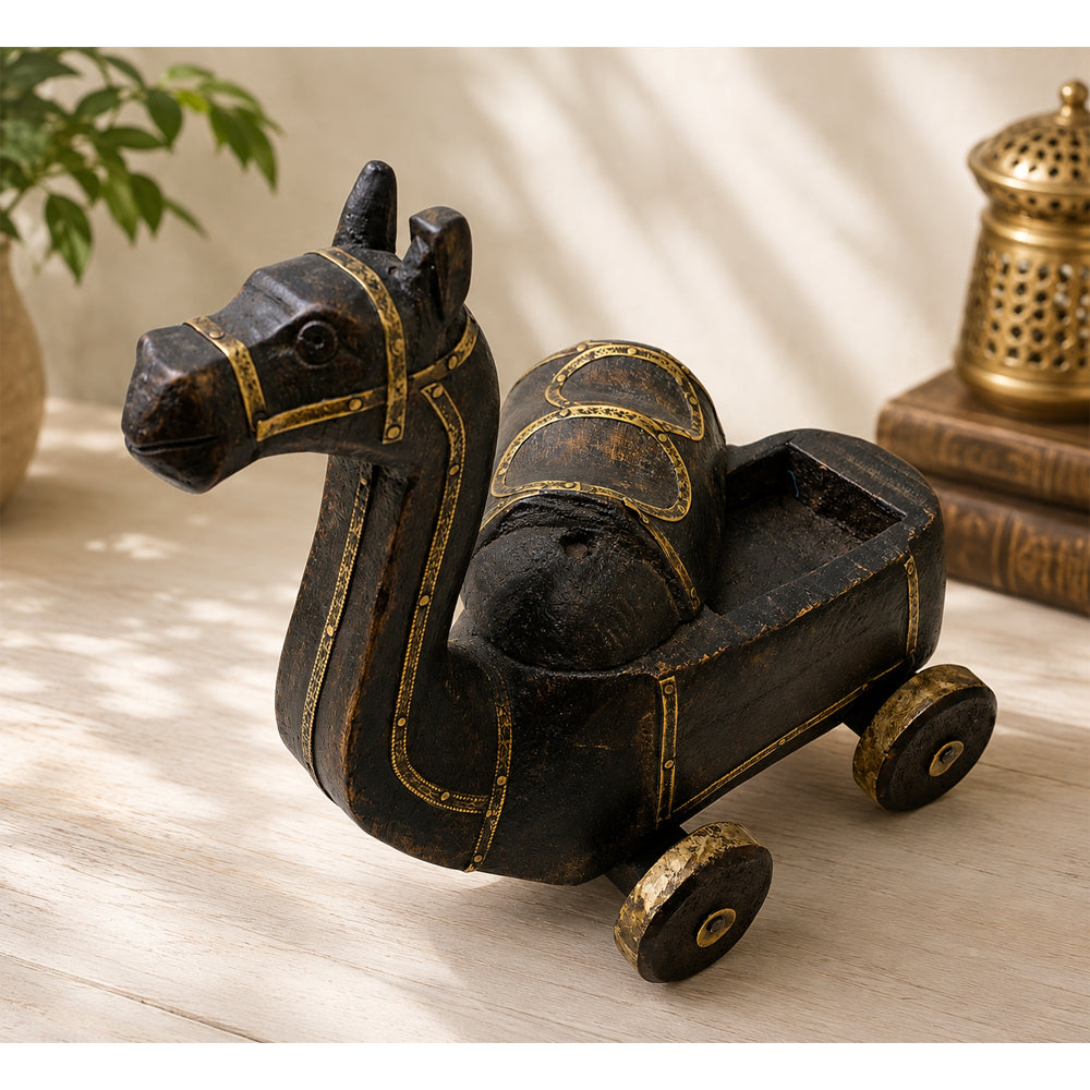 Black antique camel design wooden spice box, front view