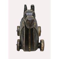 Black camel motif wooden spice box, angled view