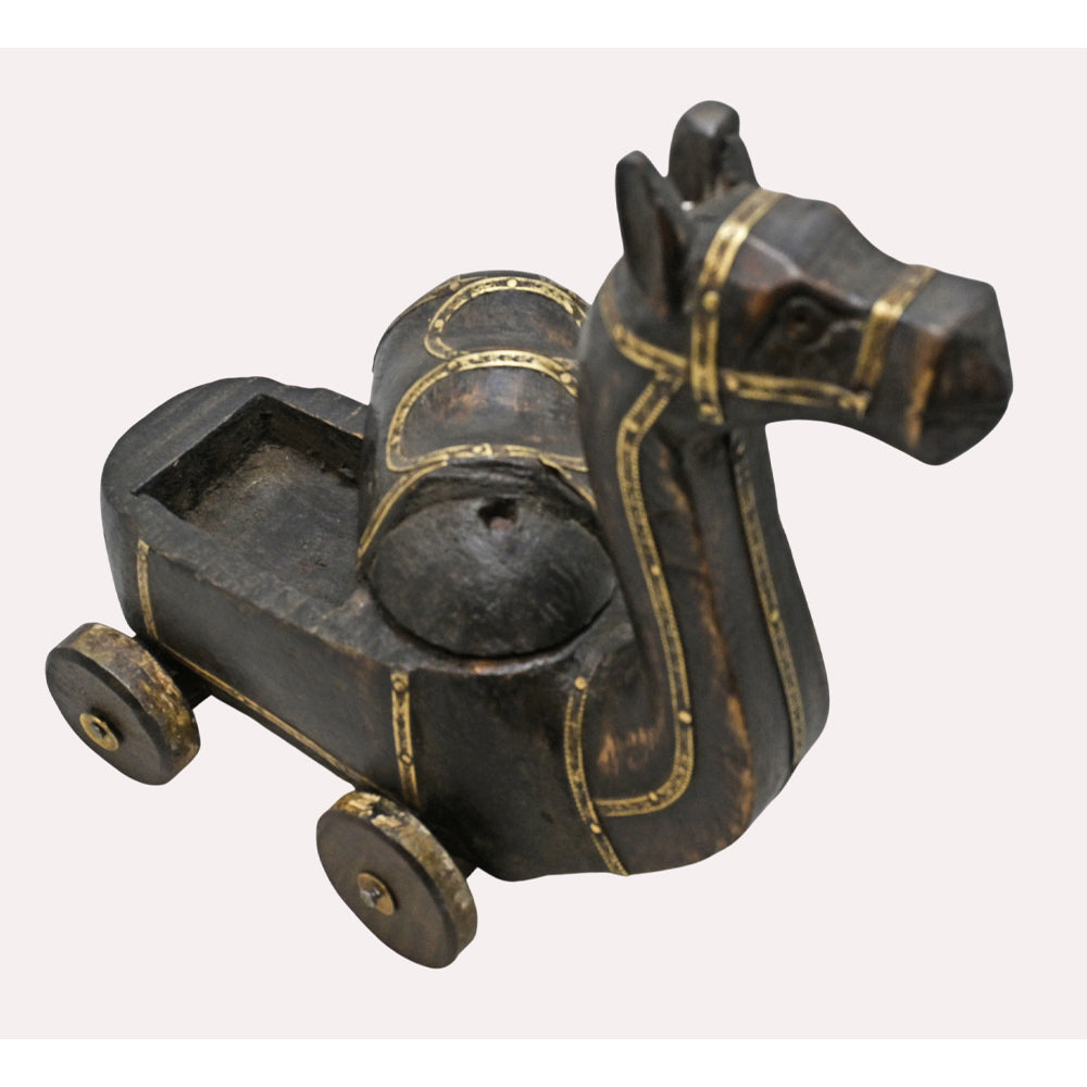 Side view of black antique wooden spice box