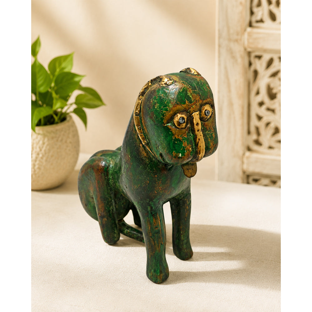 Vintage Handcrafted Wooden Dog Figurine – Rustic Green Antique Finish - 2026082001UNQ