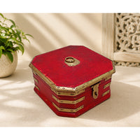 Handcrafted Vintage Red Octagonal Storage Chest with Brass Trim - 2026082002UNQ
