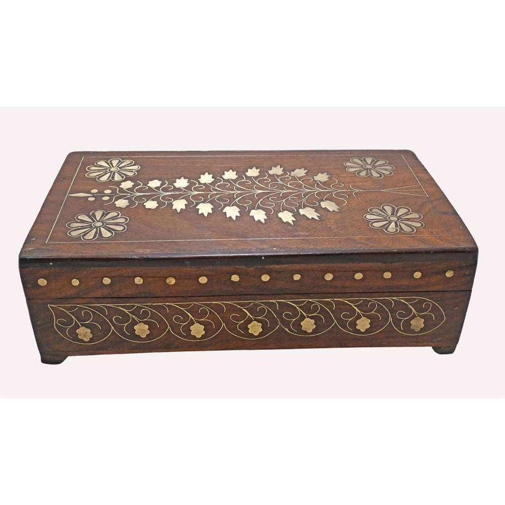 Handcrafted wooden jewellery chest with brass inlay, angled view