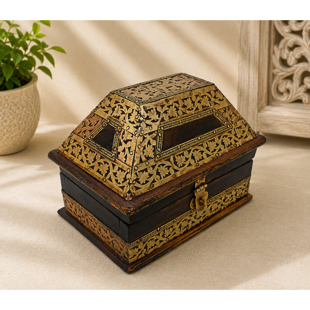 Handcrafted Antique Wooden Storage Box – Ornate Brass Inlay Design - 2026082004UNQ