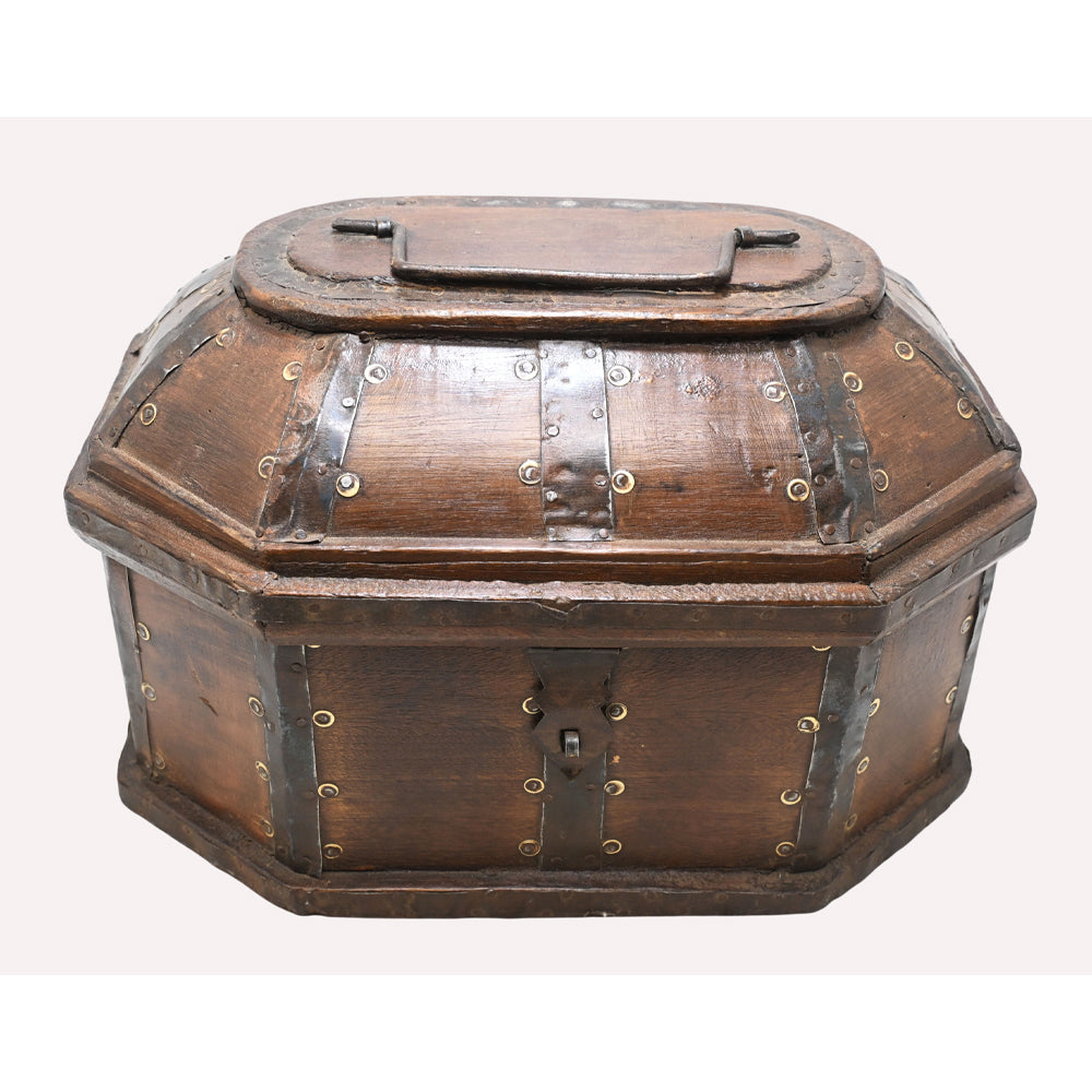 Vintage domed wooden jewellery chest, angled view