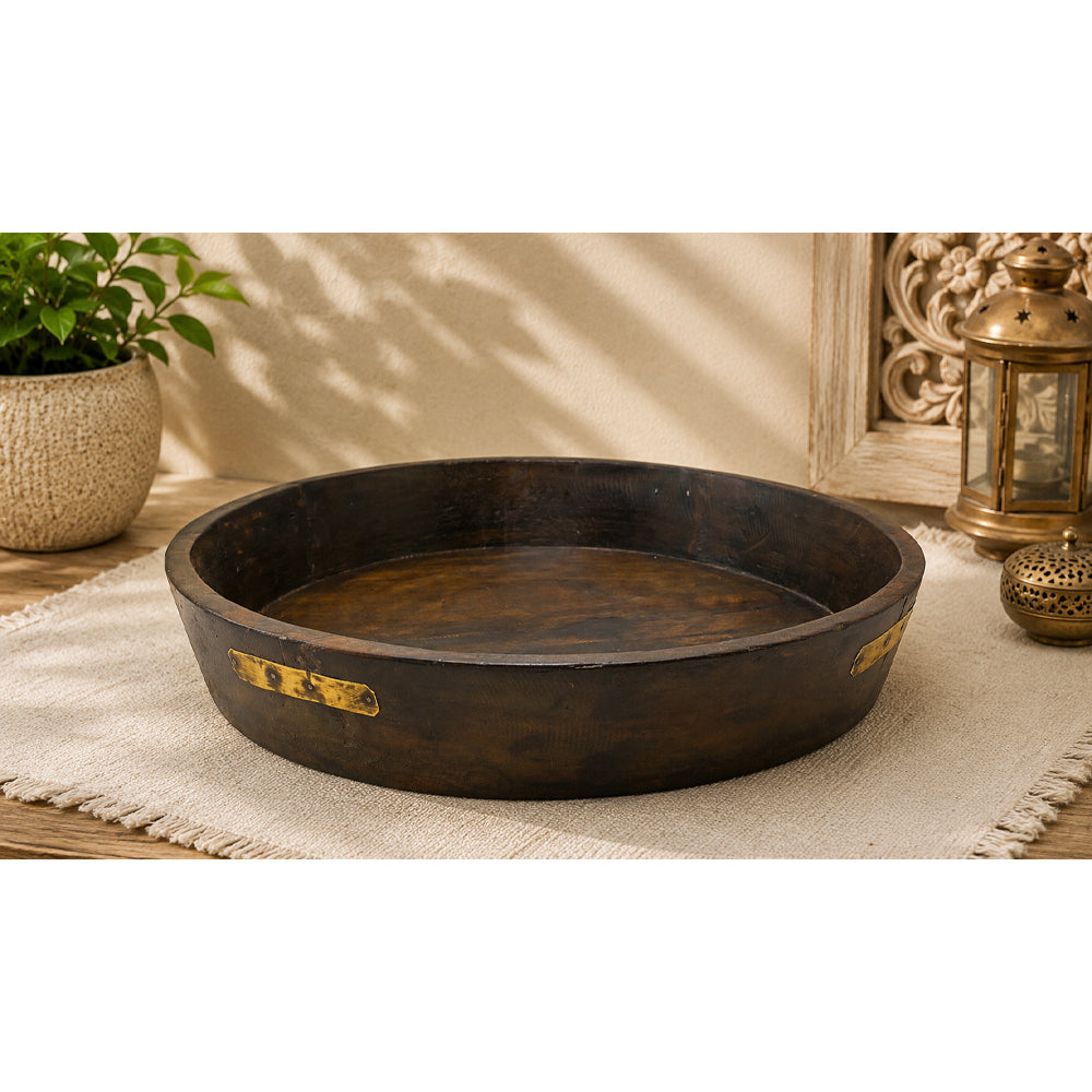 Vintage Handcrafted Wooden Serving Tray – Rustic Round Bowl with Brass Accents - 2026082007UNQ