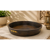 Vintage Handcrafted Wooden Serving Tray – Rustic Round Bowl with Brass Accents - 2026082007UNQ