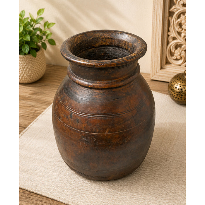 Antique carved wooden grain pot flower vase, front view