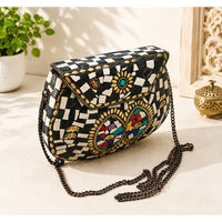 Handcrafted Vintage Mosaic Clutch – Black & White Embroidered Crossbody Bag - 2026082009UNQ