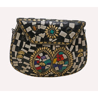 Handcrafted Vintage Mosaic Clutch – Black & White Embroidered Crossbody Bag - 2026082009UNQ