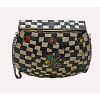 Handcrafted Vintage Mosaic Clutch – Black & White Embroidered Crossbody Bag - 2026082009UNQ