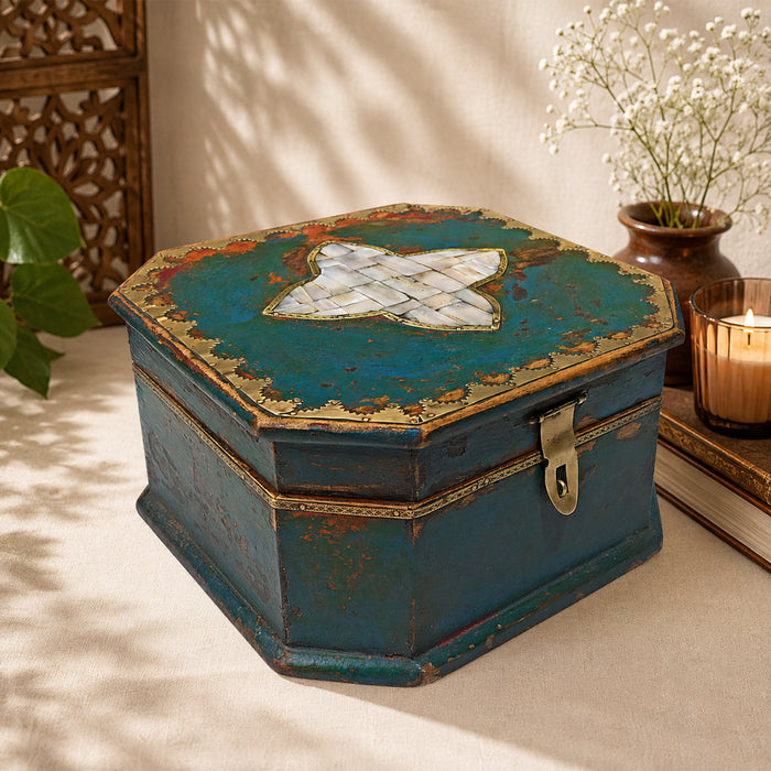 Turquoise octagonal wooden jewellery box with brass and inlay, front view