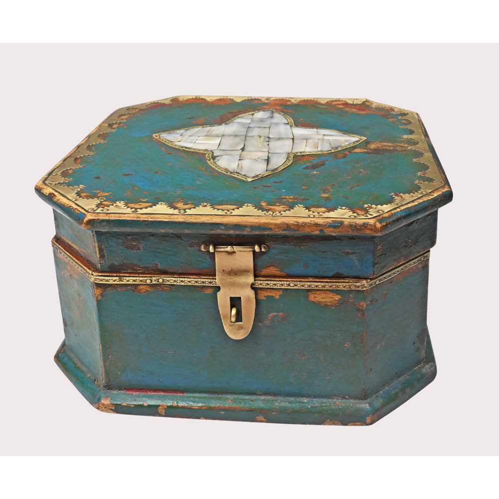 Turquoise wooden jewellery chest, angled view