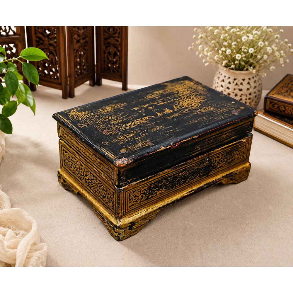 Handcrafted Vintage Wooden Storage Box with Intricate Gold Carved Details - 2026082202UNQ