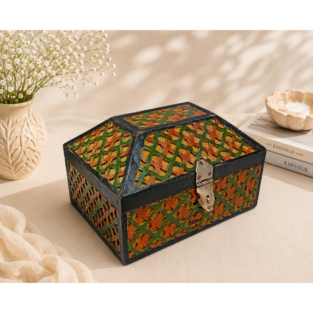 Handcrafted Wooden Storage Box – Intricate Multicolor Lattice Design - 2026082205UNQ