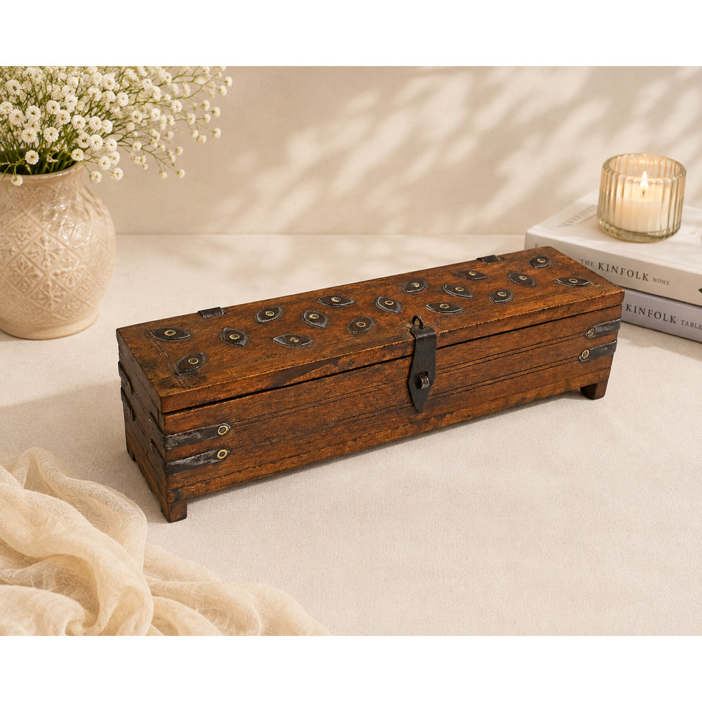 Handcrafted Wooden Keepsake Storage Box – Iron Studs & Rustic Lock - 2026082206UNQ