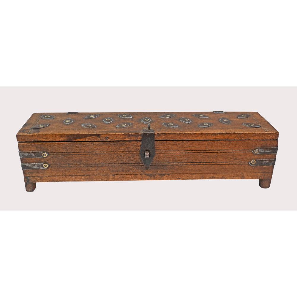 Handcrafted wooden pencil box, angled view