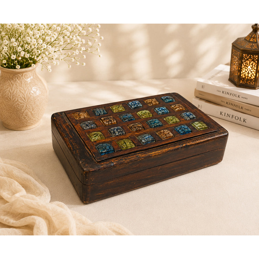 Wooden jewellery box with colorful glass bead decoration, front view