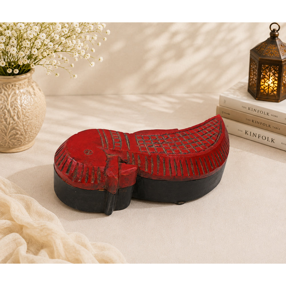 Handcrafted Wooden Bird-Shaped Storage Box – Red & Black Carved Finish - 2026082208UNQ