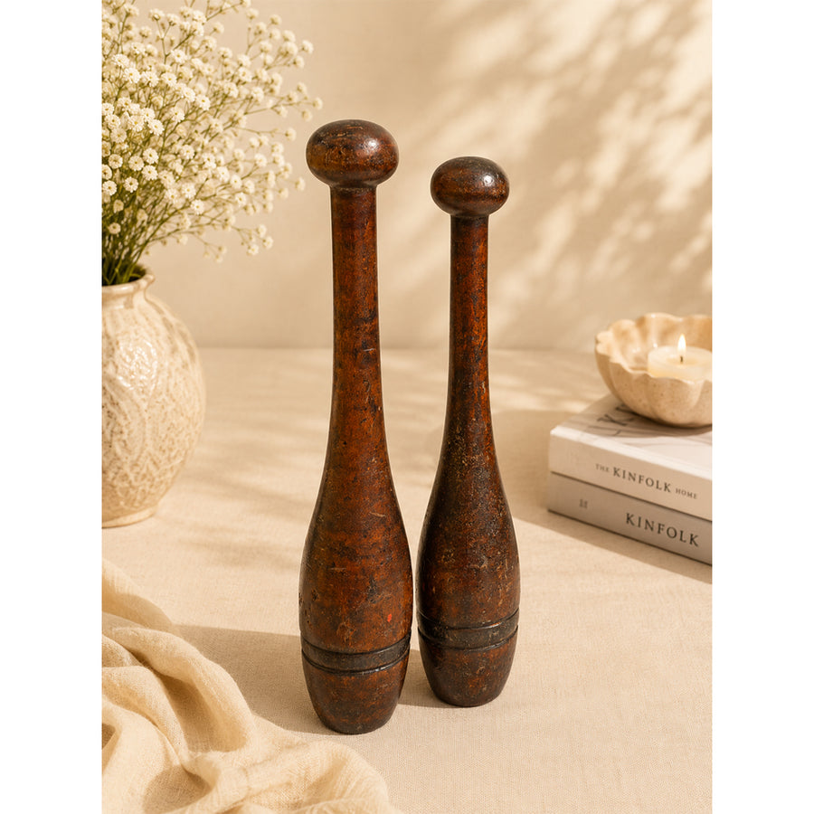 Vintage handcrafted teak wood exercise dumbbells pair, front view