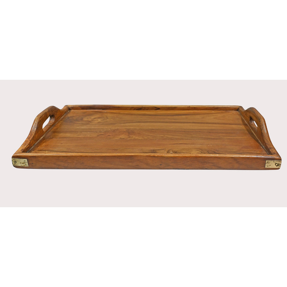 Angled view of wooden serving trays with raised edges and handles