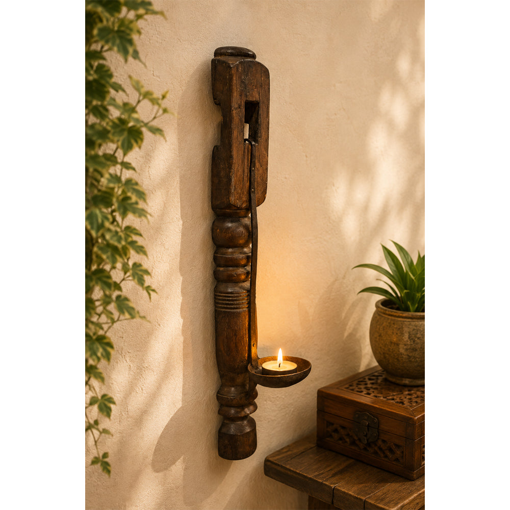 Handcrafted Vintage Wooden Wall Hanging Candle Stand – Rustic Iron Holder - 2026082211UNQ