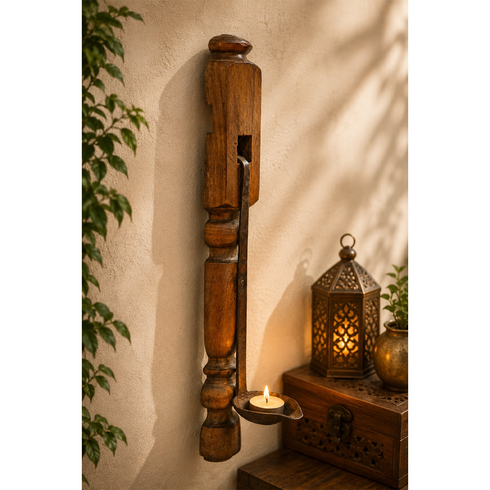 Handcrafted Vintage Wooden Wall Candle Stand – Rustic Iron Holder -