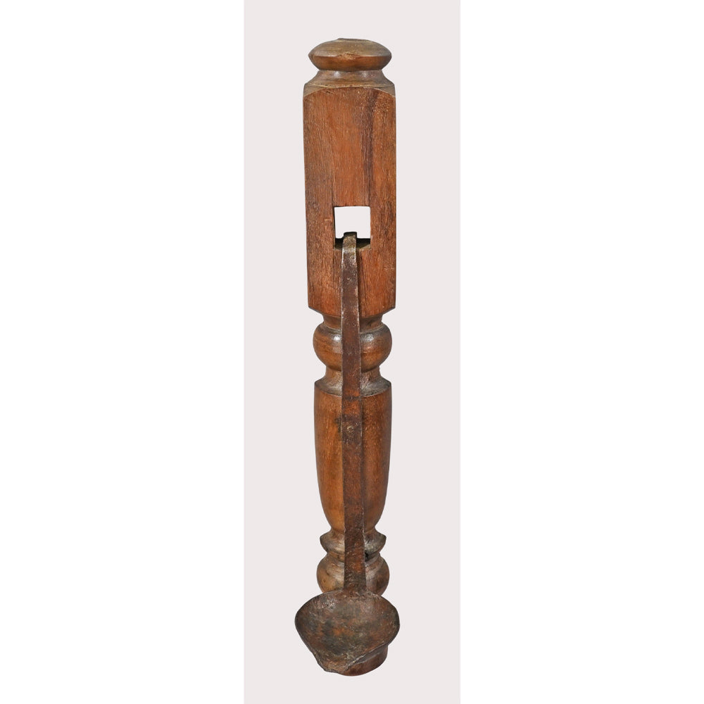Vintage wooden candle holder with iron cup, alternate view