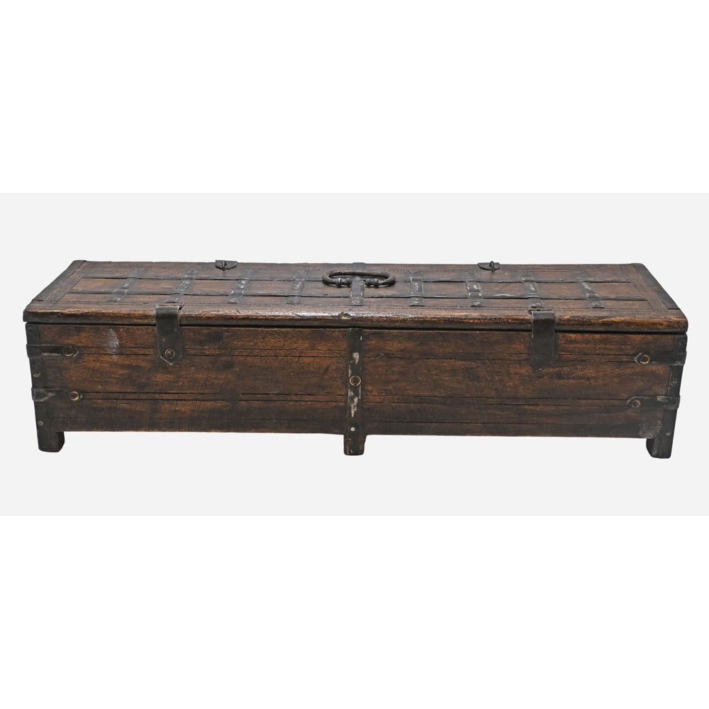 Close-up of wrought iron work on handcrafted wooden pencil box