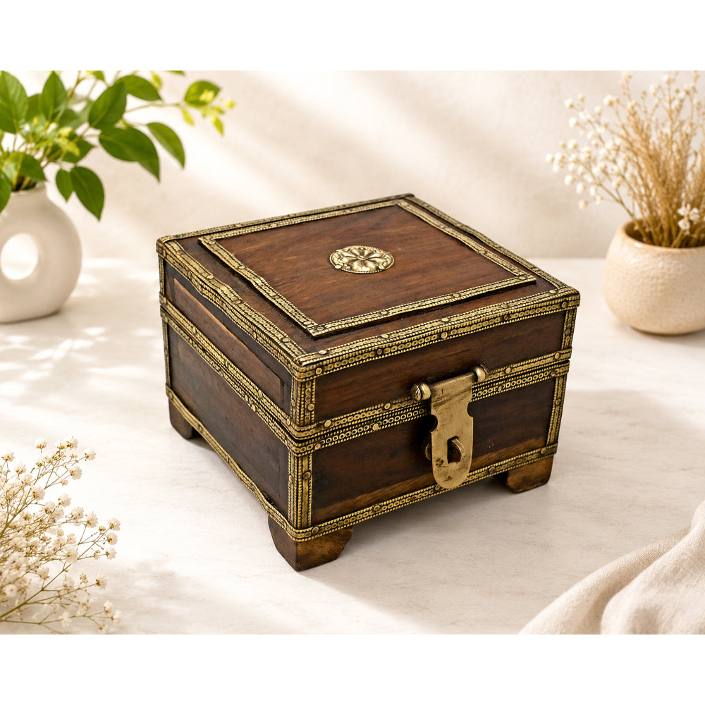 Handcrafted Wooden Decorative Storage Box – Antique Brass Detailing - 2026082502UNQ