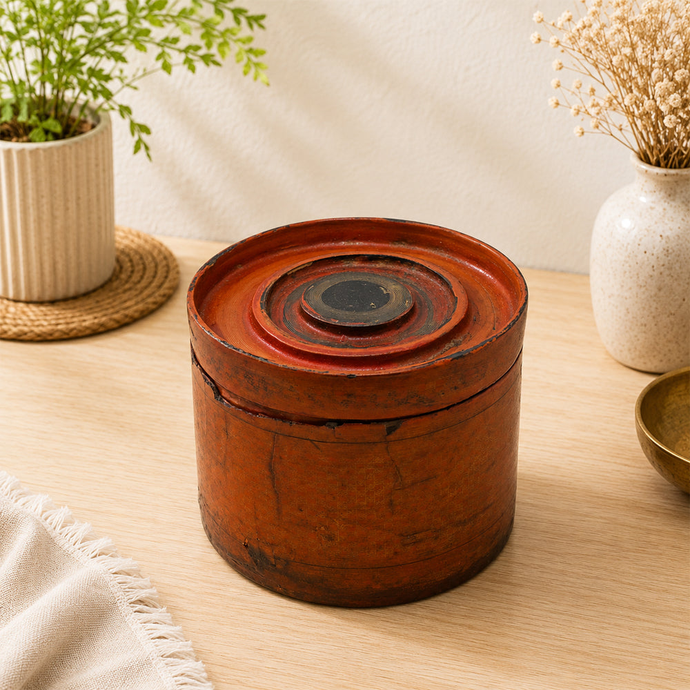 Handcrafted wooden storage box with rustic antique finish, front view