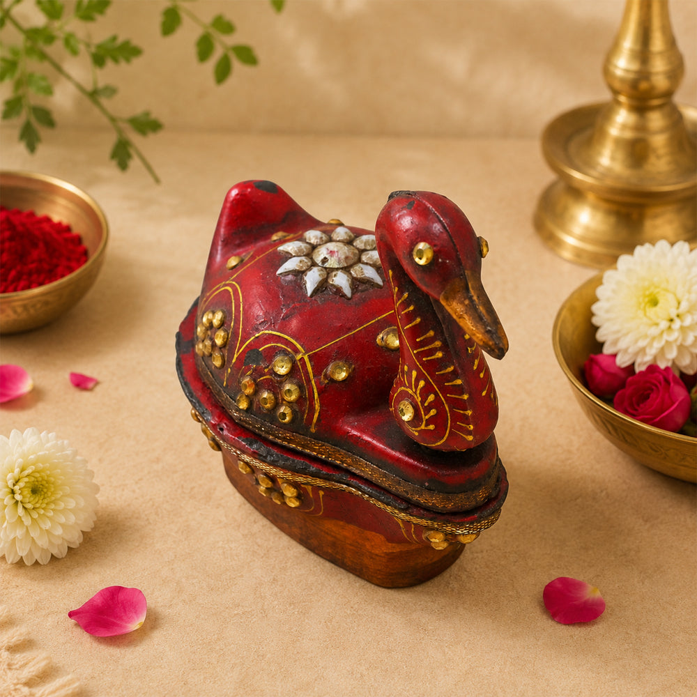 Handcrafted Wooden Peacock Kuku Chawal Box – Traditional Folk Design - 2026082510UNQ